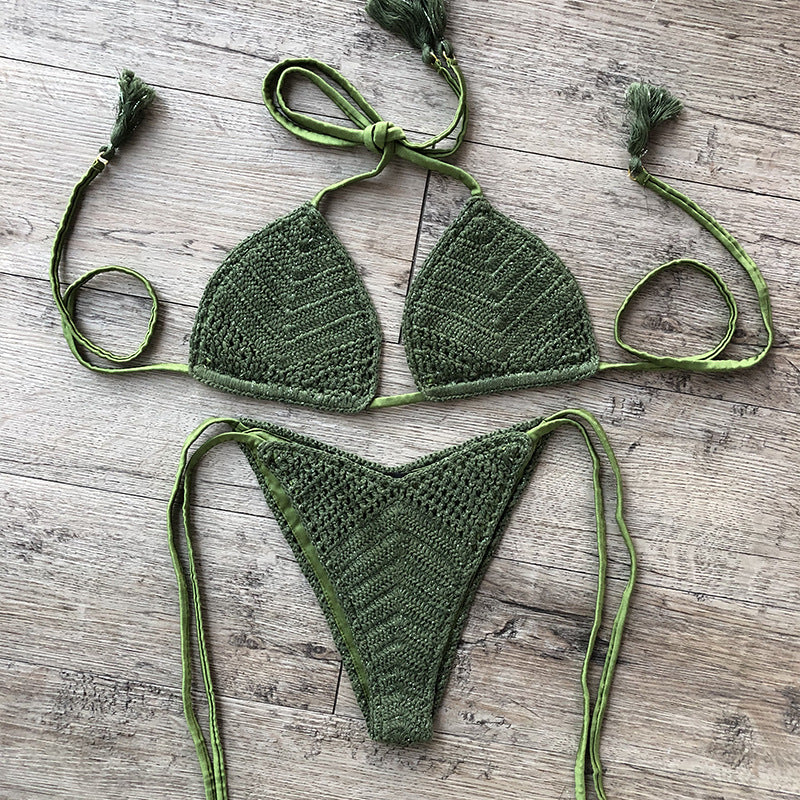 Pure Cotton Hand Crocheting Silver Thread Sexy Beach Bikini Set Three Color Striped Swimsuit Bella Mia